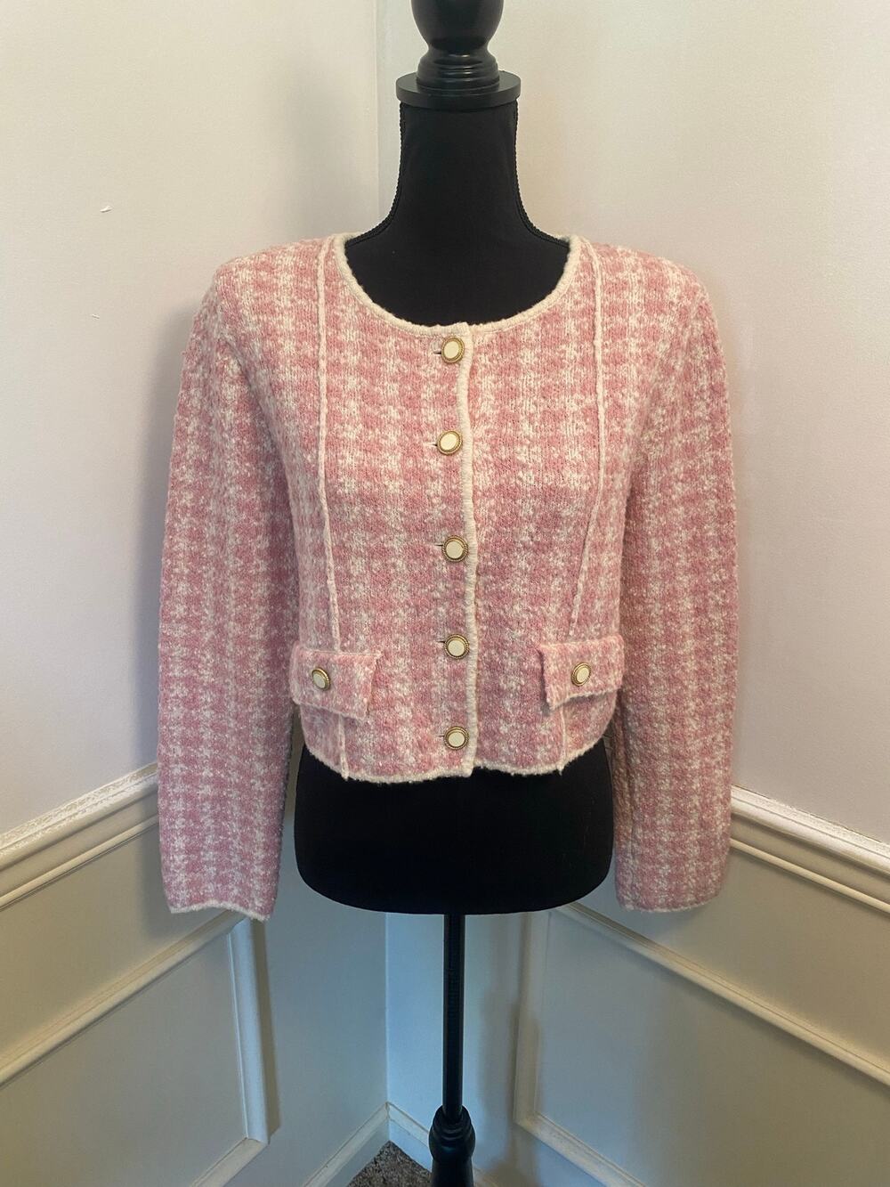 & Other Stories Pink and White Tweed Knit Cropped Cardigan Jacket Button Front